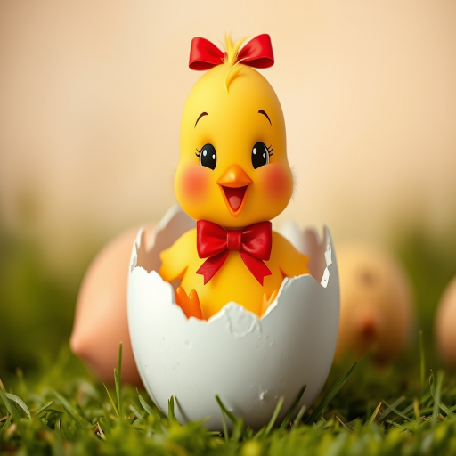 Regenerate an image of a cartoon baby chick emerging from a cracked egg with a red bow, using a DSLR camera, 50mm lens, f/2.8 aperture, ISO 100, and soft focus background for enhanced image quality.