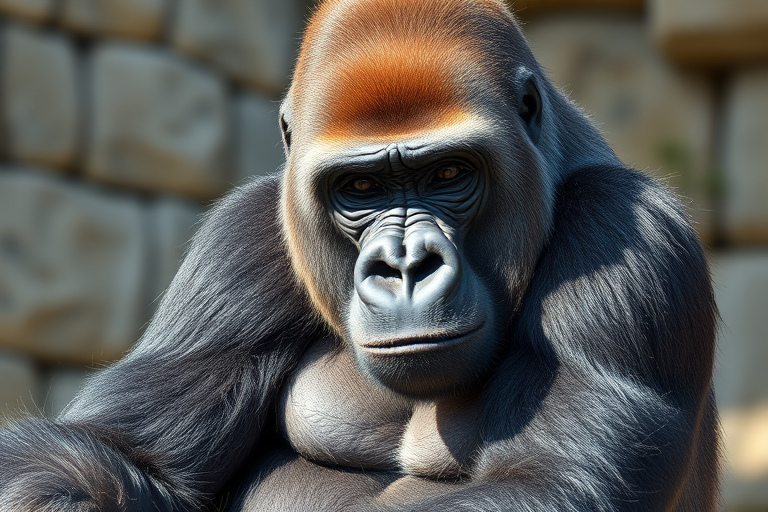 Create a highly detailed illustration of a sitting gorilla, captured with a Canon EOS 5D Mark IV, 50mm lens, f/8 aperture, ISO 100, in soft natural light for enhanced texture and clarity, focusing on intricate fur details and expressive features.