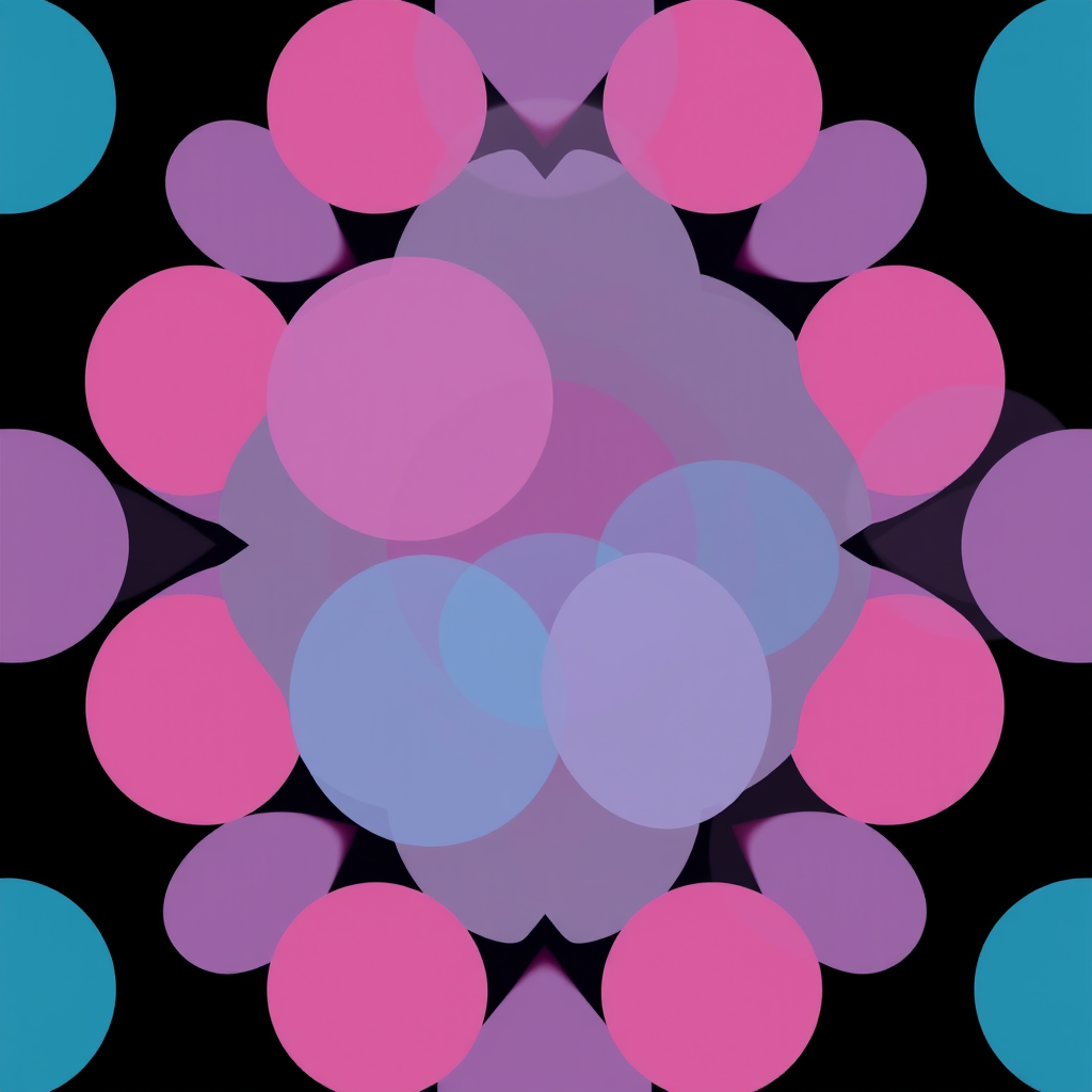 Create a vibrant pattern of overlapping circles in varying shades of pink and blue on a black background, captured with a macro lens at f/2.8, ISO 100, and a shutter speed of 1/125s using a digital DSLR camera for enhanced detail and clarity.
