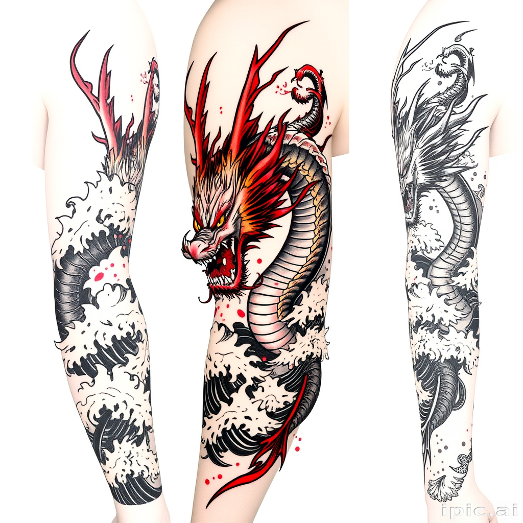 Fierce Japanese-inspired tattoo called "Dragon's Fury" with bold black outlines and vivid red accents depicting a fierce dragon emerging from turbulent waves, symbolizing strength and perseverance as a full sleeve