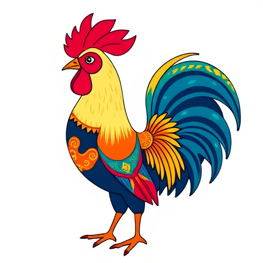 Create a vibrant, stylized illustration of a decorative rooster with bold colors and geometric patterns, using a DSLR camera at f/2.8 aperture, 50mm lens, and natural lighting to enhance the saturation and contrast.