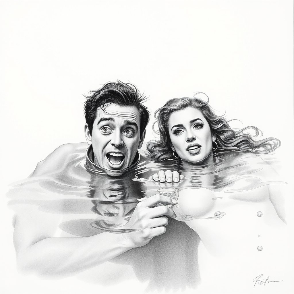 A hyperdetailed photorealistic black and white pencil sketch recreating the iconic scene at the end of Titanic with Jack and Rose floating in the water, only show them making exaggerated funny faces at the camera. Show Rose spitting water at the camera.
