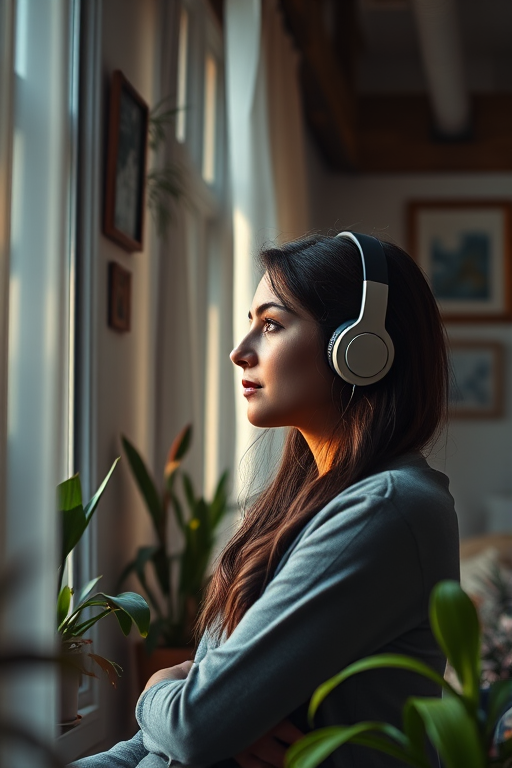 A thoughtful young woman with headphones gazes out a window in a cozy room filled with plants and wall art, soft natural light filtering through sheer curtains, captured with a Canon EOS R5, 50mm lens, f/1.8 aperture, ISO 200, 1/125 sec, vibrant colors and detailed shadows for a warm, contemplative atmosphere.