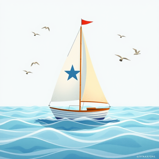 Create a high-resolution illustration of a simple sailboat with a star on its sail, surrounded by wavy water and flying birds, using a DSLR camera with a 50mm lens, aperture set to f/2.8 for a shallow depth of field, ISO 100, and natural sunlight for even lighting.