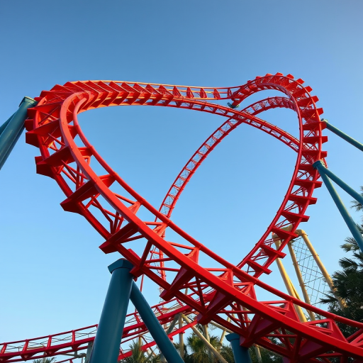 Create a high-resolution digital illustration of a roller coaster with intricate geometric patterns, captured from a low angle view using a DSLR camera with a 50mm lens at f/2.8, 1/500s shutter speed, and ISO 100 for enhanced clarity and vibrant colors.