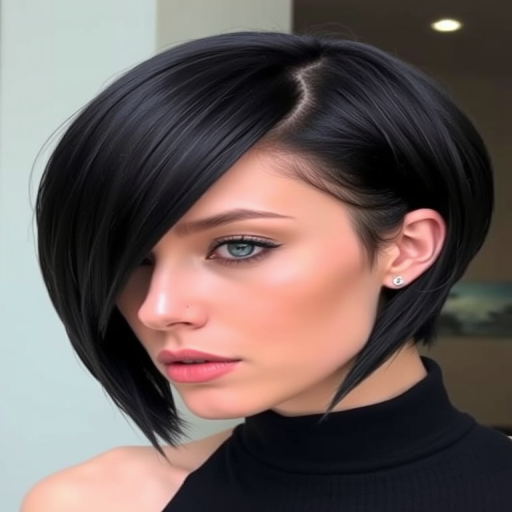 Sleek onyx black long bob with razor-sharp edges, the "Obsidian Blade" cut exudes power and confidence with its bold minimalist design