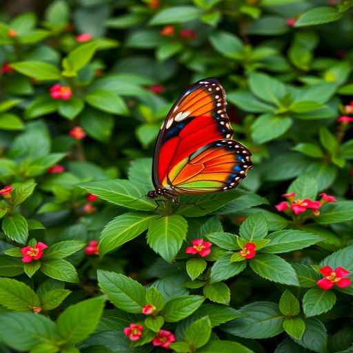 Generate an image of a butterfly with vibrant red and green wings resting on lush green leaves, surrounded by small red flowers in a natural setting. The butterfly should be detailed and colorful, showcasing its intricate patterns, while the background features rich foliage to create a serene atmosphere.