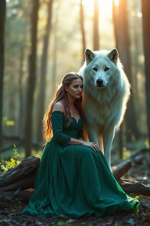 A mystical woman in a flowing emerald dress sits beside a majestic white wolf in a sunlit forest, captured with a Canon EOS R5 at f/1.8 aperture, 50mm lens, 1/200s shutter speed, soft focus background for a dreamy aesthetic.