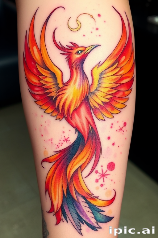 Vibrant watercolor phoenix tattoo featuring swirling hues of orange, red, and purple, rising from ashes with intricate feather details and golden accents, symbolizing rebirth and transformation in a painterly style