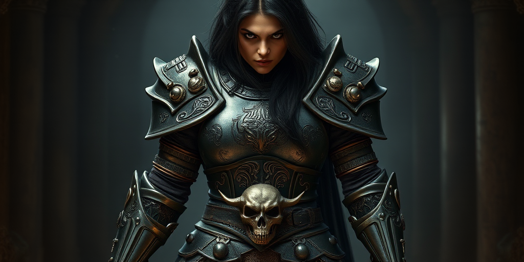 Create a photo of a fierce Caucasian female warrior with long black hair, wearing an ornate, metallic armor. The armor includes a breastplate with intricate designs, shoulder guards, and gauntlets. The breastplate is decorated with a central emblem, possibly representing a mythical symbol, and has a sculpted, form-fitting design. She wears a belt with a large skull ornament at the center, and her armor extends into a partial skirt, revealing one leg. The overall look is both protective and stylish, with a dark, gothic aesthetic. The background is dimly lit, suggesting a medieval or fantasy setting, enhancing the warrior's imposing presence and intense expression.