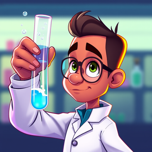 Create a cartoon character of a scientist with medium brown skin in a lab coat holding a test tube with bubbles, vibrant colors, digital illustration style, 300 DPI, 4K resolution, side view, soft lighting, Adobe Illustrator.