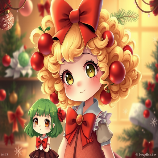 create a whimsical digital artwork of a girl with curly blonde hair adorned with red ornaments and a large bow, standing in front of a smaller girl with green hair, both surrounded by festive decorations and a warm, glowing background