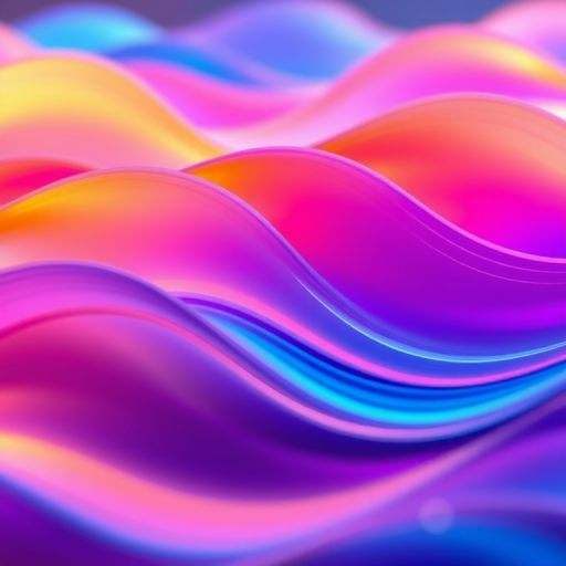 generate an abstract image of colorful wave patterns with vibrant gradients in blue, orange, and purple tones, captured with a DSLR camera at f/8 aperture, ISO 100, and a 50mm lens, utilizing a shallow depth of field with soft bokeh in the background, emphasizing texture and fluidity in a high-resolution format