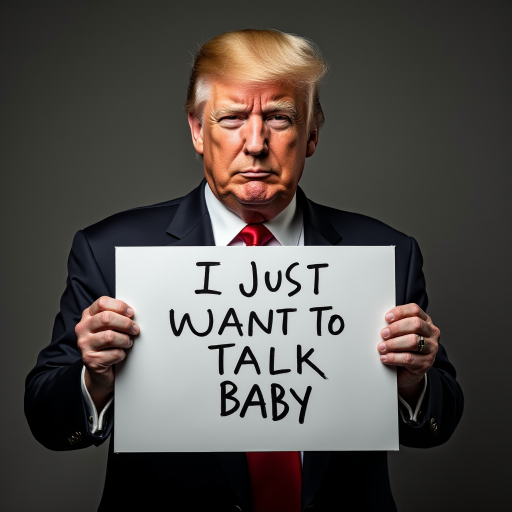 a photo of donald trump holding a sign board with a text "i just want to talk baby"