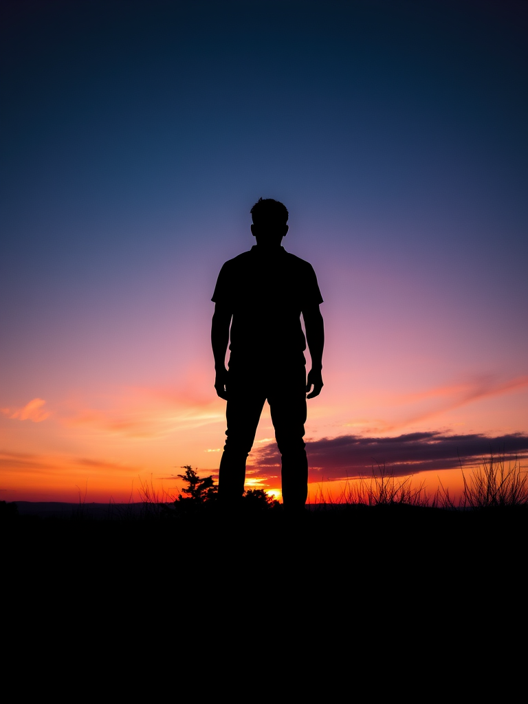 Create a high-resolution image of a silhouette of a person standing on a hill against a sunset background, captured with a DSLR camera using a 50mm lens, aperture f/1.8, ISO 100, shutter speed 1/200s, in a portrait orientation, emphasizing vibrant colors and contrast.