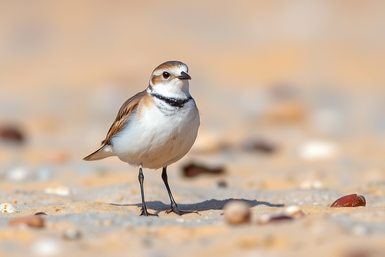 A snow bunting standing on sandy beach, shallow depth of field, f/2.8 aperture, 1/500 sec shutter speed, ISO 200, shot with a DSLR camera, 70mm lens, natural light, focus on the bird with a blurred background.