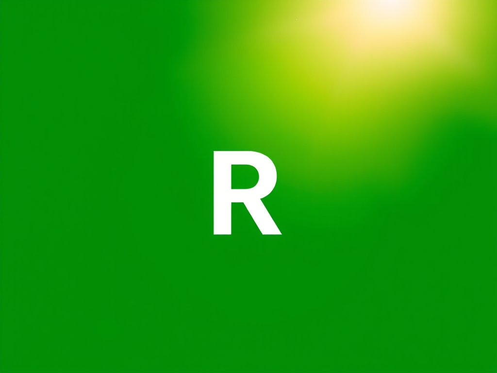 Generate a vibrant green circle with a bold white letter R in the center, using a Canon EOS R5 camera at f/8 aperture and ISO 100, with a 50mm lens in sharp focus, high contrast, and natural lighting for enhanced clarity.