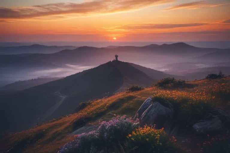 Serene Sunrise Over Rolling Hills with Vibrant Wildflowers in Bloom
