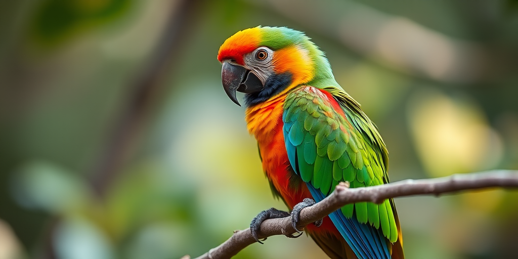 colorful parrot perched on a branch with blurred background, f/2.8 aperture, ISO 100, 1/200 sec shutter speed, 50mm lens, natural light, macro photography, DSLR camera