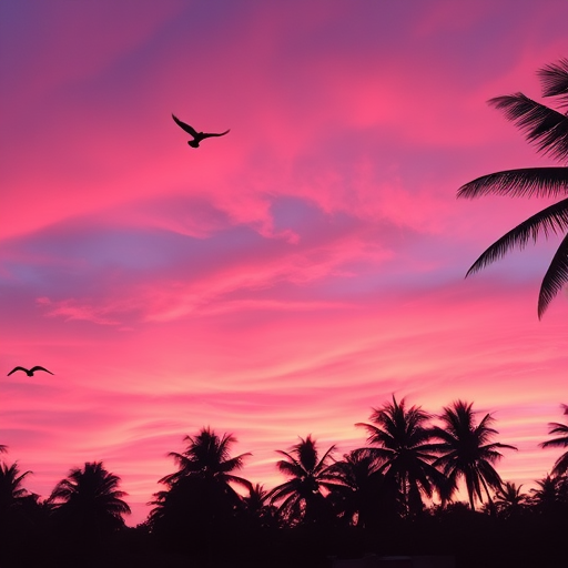 Create a serene tropical sunset scene with vibrant pink and purple hues in the sky, silhouettes of palm trees in the foreground, and birds flying in a gentle breeze, captured in high-resolution with a DSLR camera at f/8 aperture, ISO 200, 24mm lens, and wide-angle view for enhanced depth and clarity.