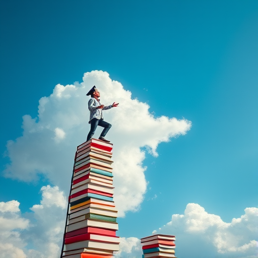 Create an image of a person climbing a ladder made of books reaching towards a graduation cap and diploma in the sky with a blue background and fluffy clouds, shot with a DSLR camera at f/8 aperture, ISO 100, 50mm lens, high dynamic range style.