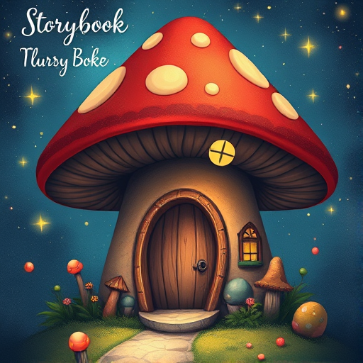 create illustration of a mushroom house with a door and a window, a storybook , fantasy art, mushroom house, bg starry sky, sparkles