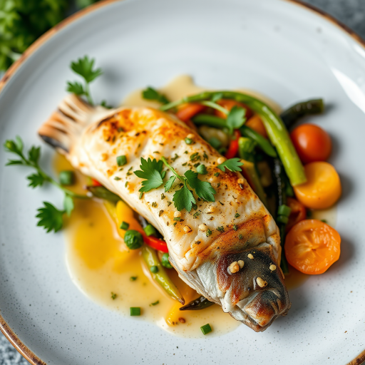 Photograph a beautifully plated dish of fish with fresh herbs and vibrant vegetables, aperture f/2.8, shutter speed 1/200s, ISO 200, shot from a top-down angle using a DSLR camera with natural light.