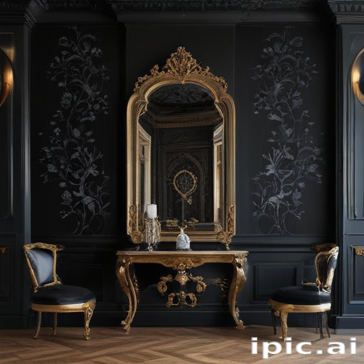 Elegant Interior Design Featuring a Vintage Mirror and Ornate Furniture.