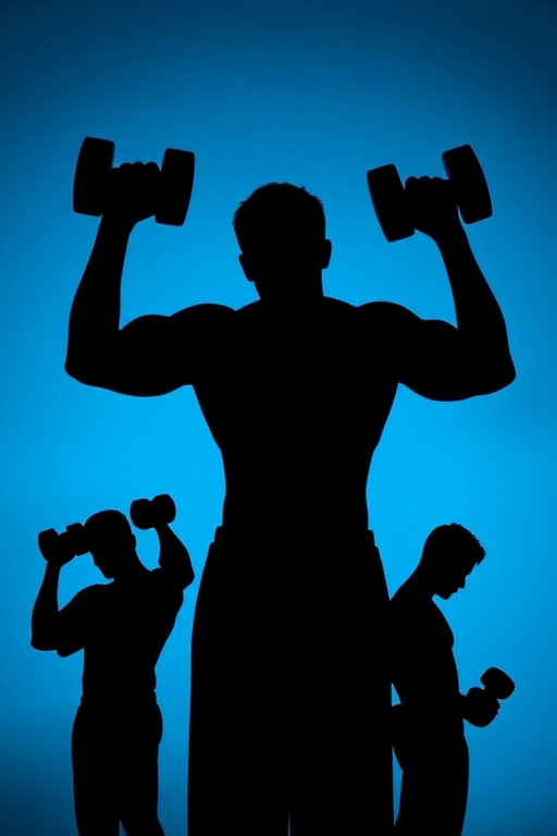 Generate a high-contrast silhouette illustration of a muscular person lifting dumbbells in various poses, use a soft blue background, with a Canon EOS R5, 50mm lens, f/1.8 aperture, ISO 100, and a shallow depth of field for enhanced quality.