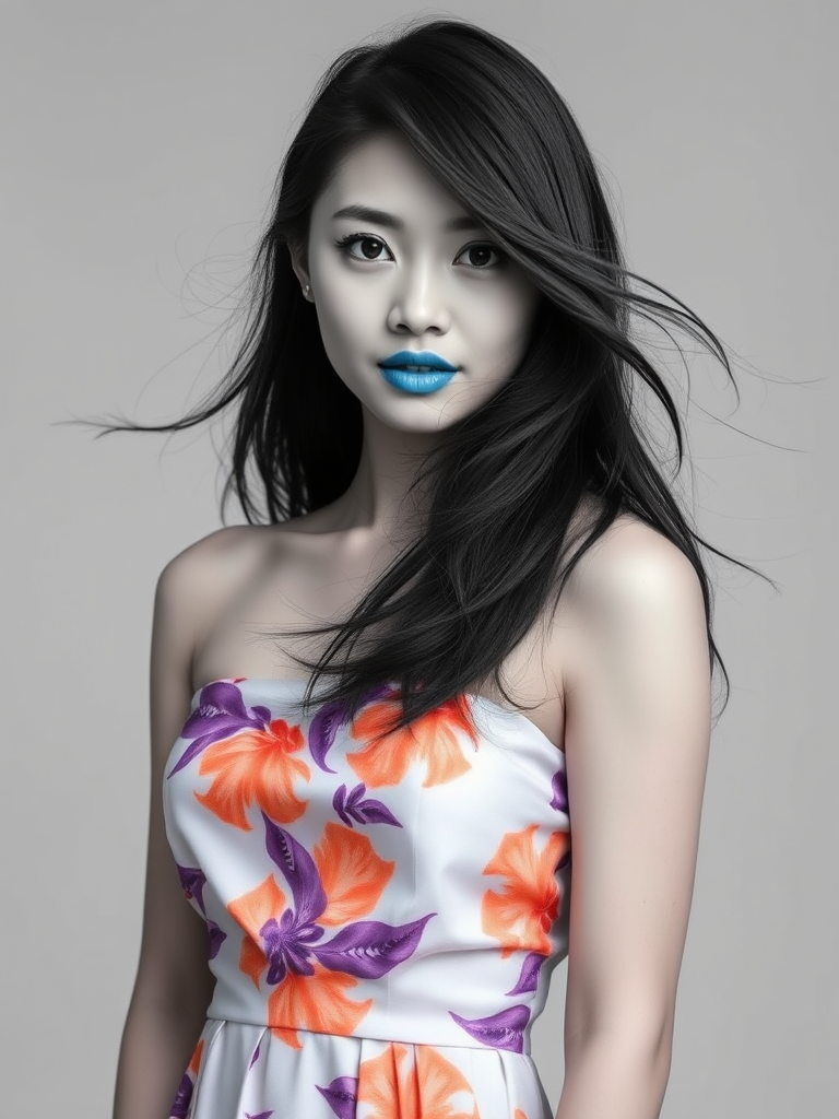 Photographic image of a beautiful young Ryukyuan woman, brown eyes, lips with cyan lipstick, long hair fluttering in the wind and wearing a silk strapless dress with a soft purple and orange print. monochrome image with only color highlights in the iris of the eyes, lipstick and dress. Gray background.