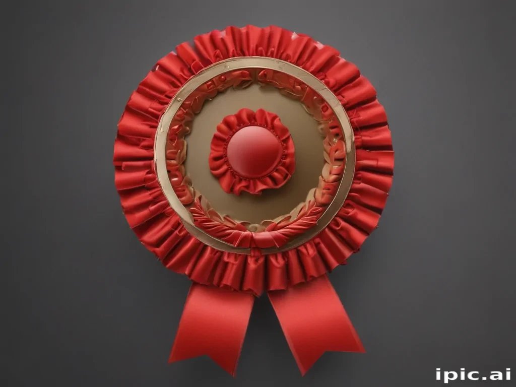 Elegant Red Award Ribbon with Decorative Ruffles and Central Badge Design