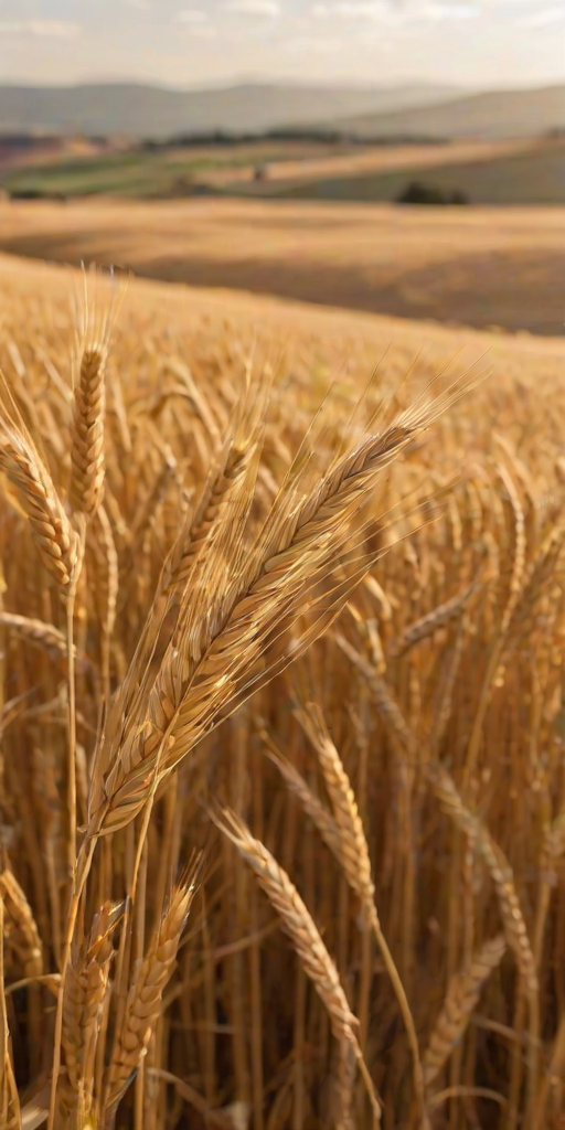 Soft-focus image of a golden wheat field swaying gently in the breeze, soft sunlight casting a warm glow over the landscape, with distant hills in the background.