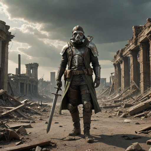 A post-apocalyptic wasteland with a lone figure, The Last Warden, standing in the foreground. He wears a skull-like gas mask, with cracked lenses, and a rugged mix of leather and scavenged armor. His attire is weathered and patched, showing signs of long battles and harsh environments. In one hand, he holds a sword made from broken steel, and in the other, a shield made from scrap metal. The background features a desolate landscape with crumbling ruins of a once-thriving city, shrouded in toxic green and orange haze. The ground is cracked, with dead vegetation and twisted remnants of civilization. The sky is ominous, with dark clouds and faint rays of sunlight breaking through, symbolizing a glimmer of hope in the midst of despair. Increase the brightness of the background, making the sunlight more prominent and casting more light on the ruins and the figure to enhance the sense of hope in the scene.