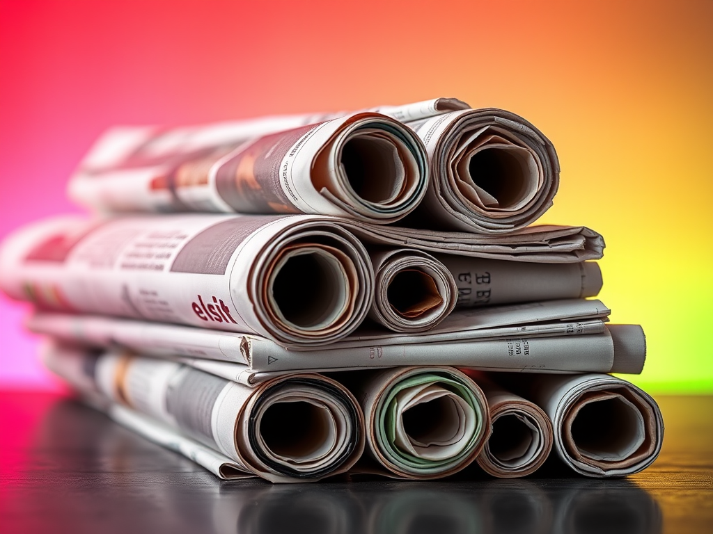 Create an artistic image of rolled newspapers stacked with a colorful gradient background, using a DSLR camera with a 50mm lens, aperture set to f/2.8, ISO 100, and a shallow depth of field to blur the background.