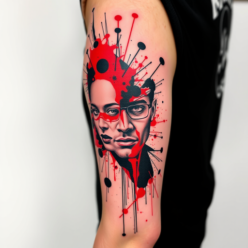 Trash polka tattoo called "Chaotic Elegance" combining bold, graphic elements with realistic portraits and abstract splatters in a striking red and black color scheme, creating a dynamic and visually arresting composition that tells a personal story through seemingly random yet carefully curated imagery, ideal for those who appreciate avant-garde and unconventional tattoo styles.