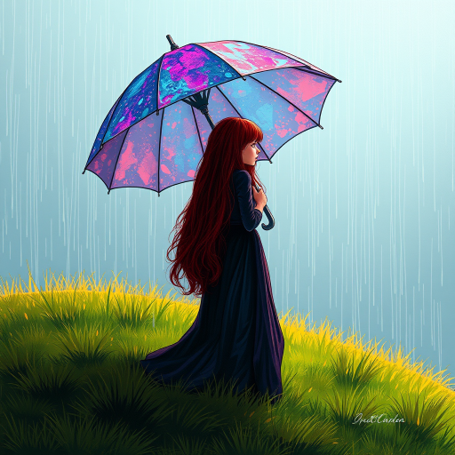 A surreal hand-drawn digital artwork depicting a mysterious red-haired woman standing on a grassy hill under the rain. She holds an umbrella crafted from iridescent zircon, its vibrant sheen contrasting with the soft, rainy atmosphere. The scene feels dreamlike, blending the natural elements of the hill and rain with the otherworldly shimmer of the umbrella.