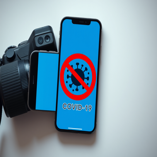 Create a high-resolution digital illustration of a smartphone displaying a "No COVID-19" symbol with a virus icon and text, captured with a DSLR camera at f/2.8 aperture, ISO 100, 50mm lens, in a flat lay style with soft natural lighting.