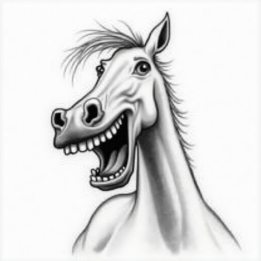 Abstract black and white acrylic portrait of an over exaggerated laughing (horse). Minimalism style. White background.