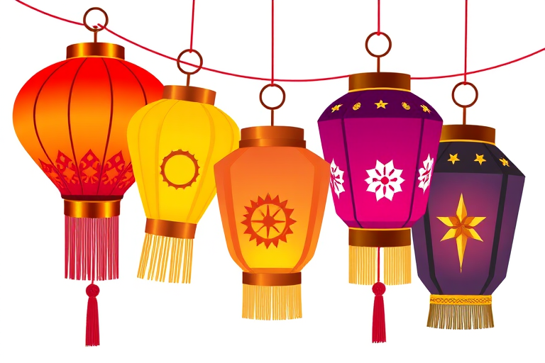 Create an illustration of decorated lanterns in a progression of stages, using vibrant colors, including a design that features a sun and a star, with a white background, taken with a DSLR camera at f/5.6, ISO 100, 50mm lens, and a soft focus effect for enhanced quality.