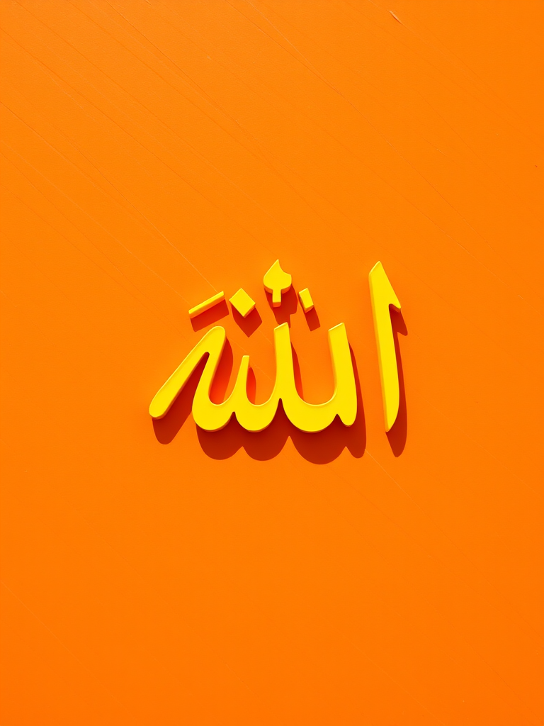 Create an abstract design featuring the Arabic calligraphy of the word "Allah" in bright yellow against a vibrant orange background with diagonal lines, using a DSLR camera with a 50mm lens at f/1.8, ISO 100, shot in natural light to enhance clarity and depth.