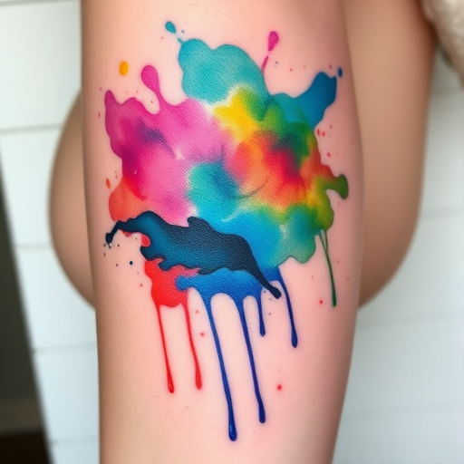 Watercolor splash tattoo named "Liquid Dreams" with vibrant abstract paint splatters and drips in a rainbow of colors blending seamlessly with delicate linework silhouettes