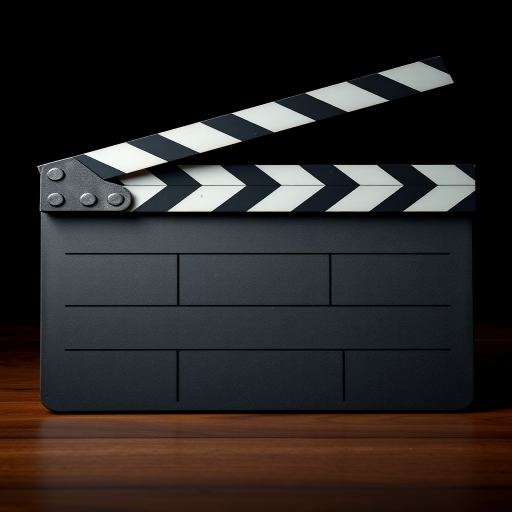 Create a high-resolution image of a film slate with a matte finish, using a DSLR camera, 50mm lens, f/2.8 aperture, ISO 100, and a slight overhead angle for better visibility and clarity.
