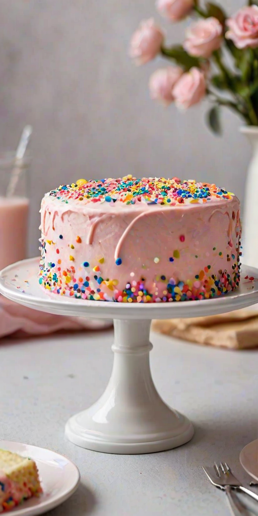 Generate an image of a beautifully decorated cake with a light pink frosting and colorful sprinkles on top. The cake is displayed on a white cake stand, and a slice of the cake is placed on a small plate beside it. The scene should have a warm, inviting atmosphere, with soft lighting that highlights the cake's texture and colors.