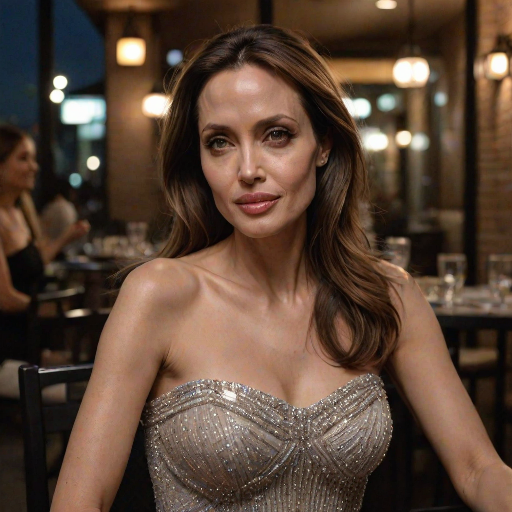 photo of [woman:angelina jolie:0.2], highlight hair, sitting outside restaurant, wearing dress, rim lighting, studio lighting, looking at the camera, dslr, ultra quality, sharp focus, tack sharp, dof, film grain, Fujifilm XT3, crystal clear, 8K UHD, highly detailed glossy eyes, high detailed skin, skin pores