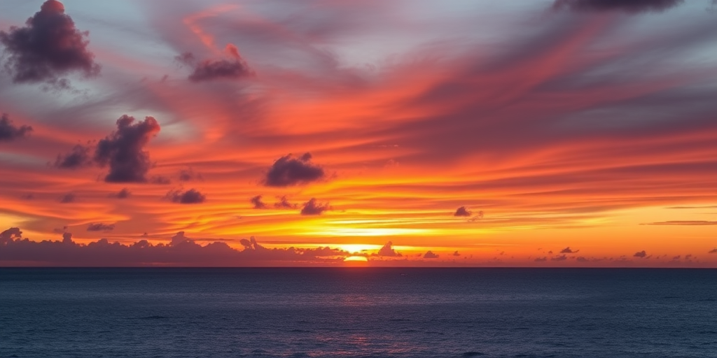 Generate a high-resolution image of a vibrant sunset over a calm ocean, with a wide-angle view, using a DSLR camera at f/11, ISO 100, and a shutter speed of 1/60 seconds for optimal depth and clarity.
