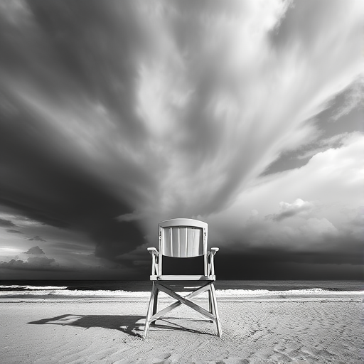 high-contrast black and white image of a lifeguard chair on a beach with dramatic storm clouds overhead, shot with a Canon EOS R5, 24mm lens, f/8 aperture, 1/250 sec shutter speed, ISO 100, wide angle view, meticulous detail, low angle perspective