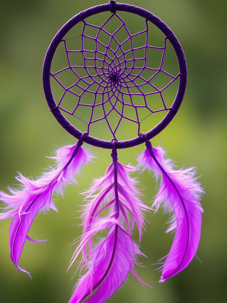 Create a high-resolution image of a purple dreamcatcher with intricate details, featuring three flowing feathers in shades of purple and pink, shot with a Canon EOS R5, with a 50mm lens, f/1.8 aperture, ISO 100, using soft natural lighting for enhanced color vibrancy and sharpness.