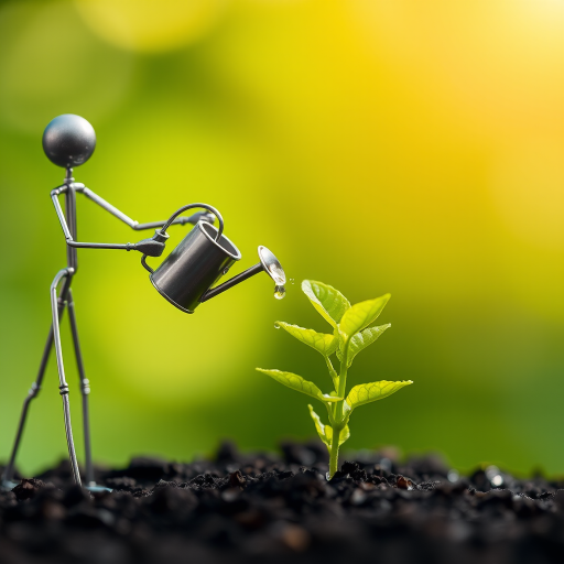 A metal figurine of a person, constructed from thin, silver rods, stands on the left side of the image, facing the viewer. The figurine is holding a small watering can and pouring water onto a young plant, with a few droplets in the air. The plant, with lush green leaves, is situated in the center, growing from dark soil. The background is a soft, out-of-focus blur of green, illuminated by warm, natural light.  The composition creates a sense of depth and intimacy. The image evokes feelings of growth, nurture, and hope.