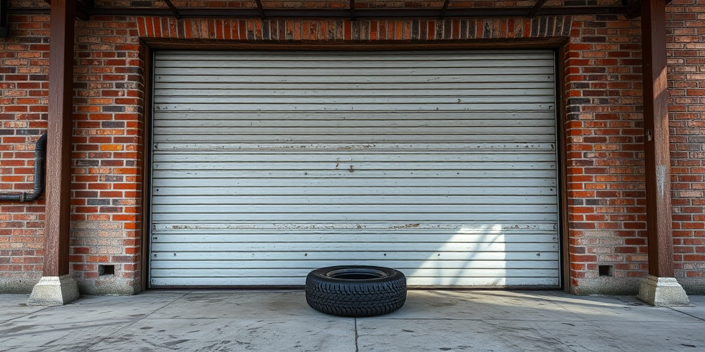 generate an image of an industrial garage door with a textured concrete surface against a brick wall background, include a tire on the ground, natural daylight, camera settings: ISO 100, aperture f/8, shutter speed 1/200s, camera view: wide angle, camera style: realistic, camera type: DSLR