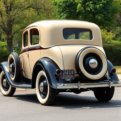 Regenerate the image of a classic 1930s cream and black sedan with white wall tires and a rear-mounted spare tire, using a DSLR camera with a 50mm lens, f/1.8 aperture, 1/160 sec shutter speed, ISO 100, shot in natural daylight from a three-quarter front view with a slight perspective to emphasize the curves.